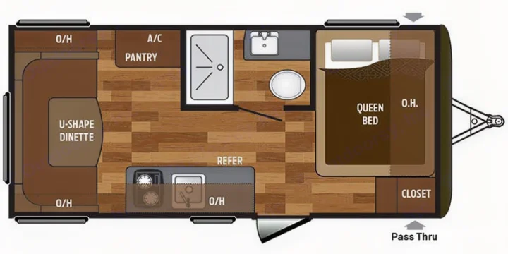 RV rental: Floor plan illustrating a U-shape dinette, kitchen, bath, queen bed, and storage options.. Keystone RV Hideout LHS Mini 2018