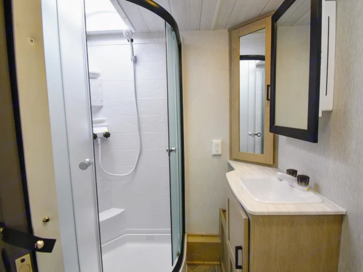 Discover the compact bathroom of this rv rental, featuring a curved glass shower with a seat, vanity, and mirrored cabinet.. Forest River Salem Cruise Lite 2024