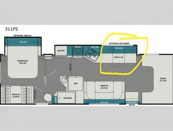 Detailed RV rental floor plan (311FS) showing queen bed, bunk, dinette, sofa, kitchen, and bath layout. Perfect for families.. Forest River Coachmen Leprechaun 2020