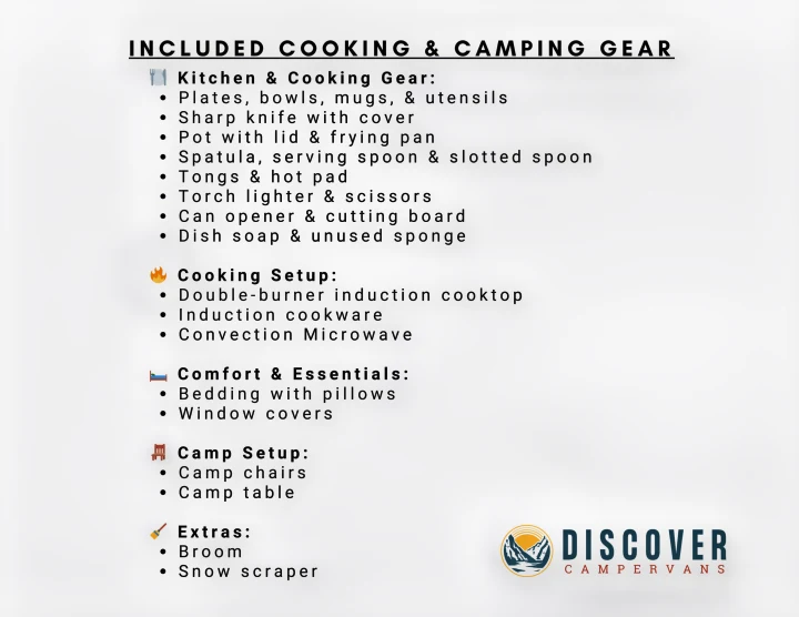 RV rental: Included cooking & camping gear, kitchen setup, comfort, and extras list for Discover Campervans.. Mercedes-Benz Sprinter 2021
