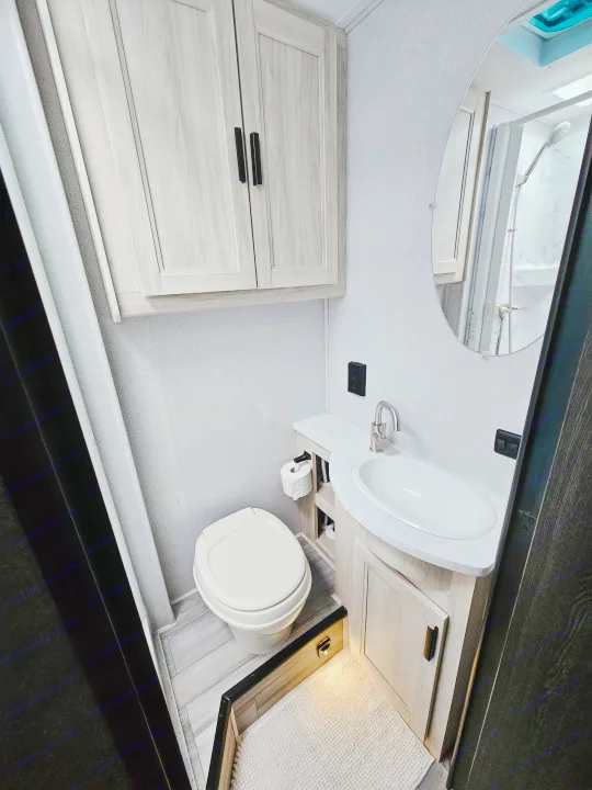 Clean and bright RV rental bathroom featuring a toilet, sink, overhead cabinets, and a shower (reflected).. Forester 2651 CDW 2022
