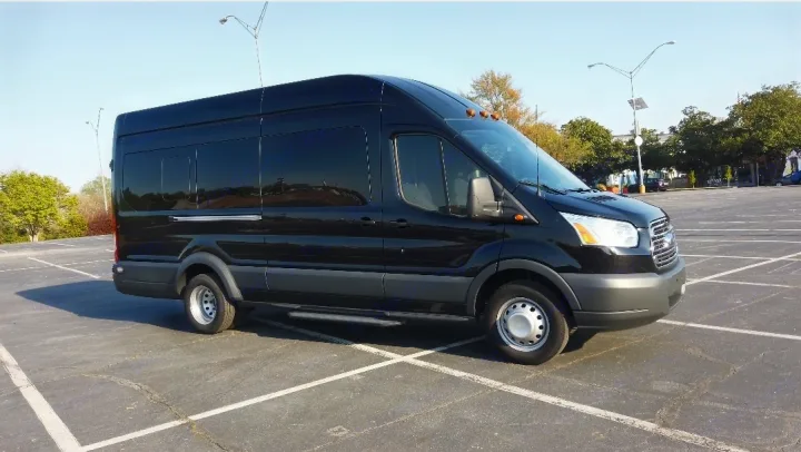 Discover this spacious black Ford Transit high-roof van, a perfect choice for your next RV rental.. Ford Custom Transit 2017