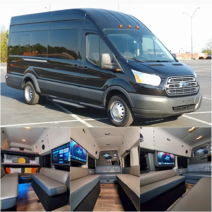 A black Ford Transit custom van shown outside & inside. Ideal for rv rental, travel, or events, featuring a luxurious interior.. Ford Custom Transit 2017
