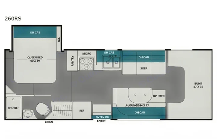 RV rental 260RS floor plan. This recreational vehicle diagram shows a queen bed, bunks, kitchen, and living areas.. Coachmen Leprechaun 260RS 2020