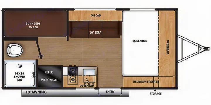RV rental floor plan: Travel trailer with queen & bunk beds, kitchen, bath, and ample storage, including a 10' awning.. Forest River Aurora 2024