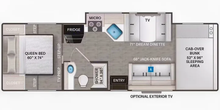 RV rental floor plan showing a queen bed, dinette, kitchen, bath, and cab-over bunk. Spacious layout for travel.. Thor Motor Coach Four Winds 2026