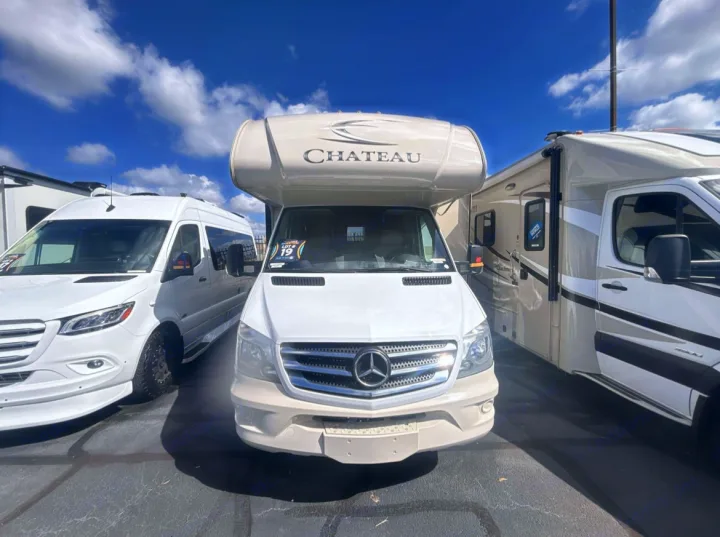Explore RV rental options: Chateau Class C motorhome, Mercedes-Benz Sprinter van, and other RVs parked outside.. Thor Chateau Sprinter 2018