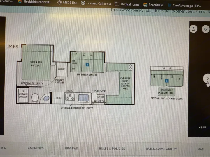 This RV rental listing shows the 24FS motorhome floor plan, detailing sleeping areas (queen bed, bunk), kitchen, & bath.. Thor Chateau Sprinter 2018