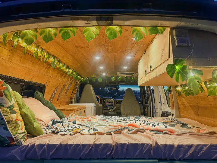 Experience **van life** in this cozy **RV rental**! A converted van with a comfy bed, wood walls, and ambient tropical leaf lights.. Chevrolet Express 1999