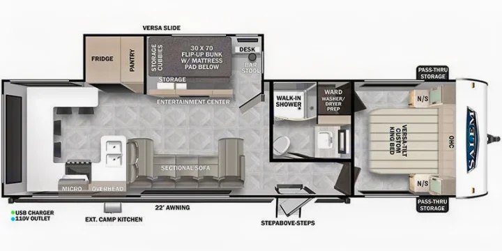 An RV rental floor plan showcasing a travel trailer's interior layout with kitchen, living, bath, and king bed.. Forest River Salem View 2024