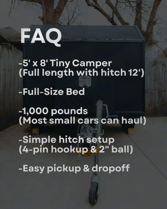 FAQ: This tiny camper RV rental (1,000 lbs, 5'x8', 12' w/hitch) is lightweight, fits a full bed, & has a simple hitch.. Other Other 2022