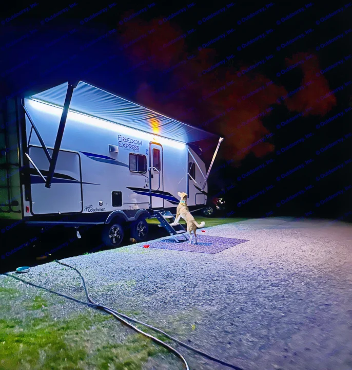 Nighttime rv rental setup: an illuminated travel trailer with a dog on steps and an awning extended over gravel.. Forest River Coachmen Freedom Express 2025
