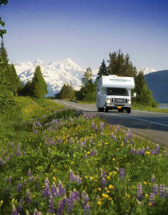 RV rental in Alaska on a scenic road framed by snow-capped mountains and vibrant purple wildflowers, perfect for nature exploration.. Winnebago Minnie Winnie 2023