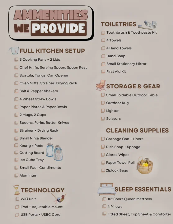 Comprehensive RV rental amenities: full kitchen, toiletries, storage, cleaning, technology, and sleep essentials.. Dodge Ram Promaster 2500 2022