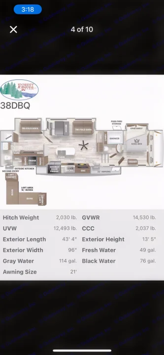 Forest River 38DBQ RV rental floor plan with detailed interior layout, dimensions, and specifications for your next adventure.. Forest River Sabre 2022