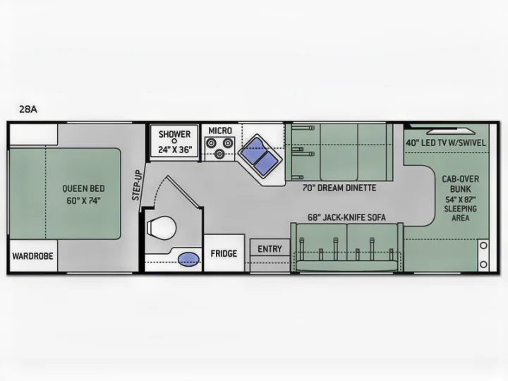 RV rental floor plan (28A) featuring queen bed, dinette, jack-knife sofa, kitchen, shower, and cab-over bunk sleeping area.. Thor Majestic 2019
