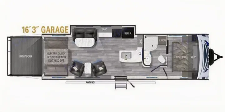 RV rental floor plan: spacious toy hauler with 16'3" garage, living area, full kitchen, and king bed suite.. Heartland RVs Fuel Toy Hauler 2022