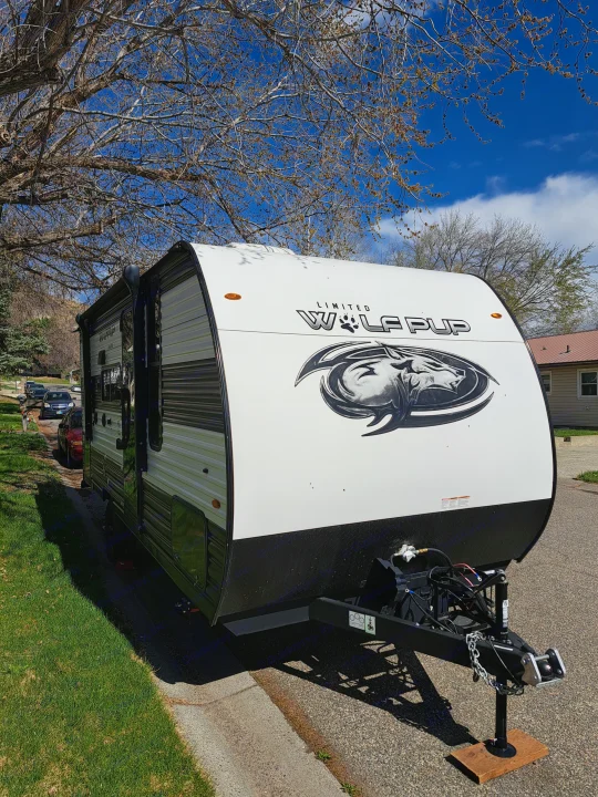 Front view of a white & black Wolf Pup travel trailer, parked outdoors on a sunny day. Forest River Cherokee Wolf Pup 2023