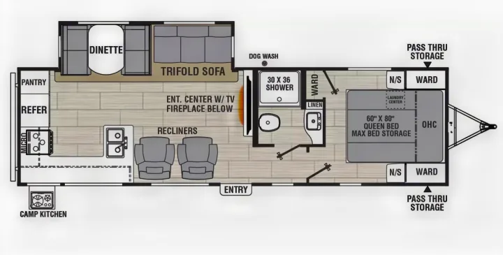 This RV rental floor plan shows a spacious layout with a queen bed, recliners, dinette, kitchen, and bath.. Forest River Coachmen Northern Spirit Ultra Lite 2023