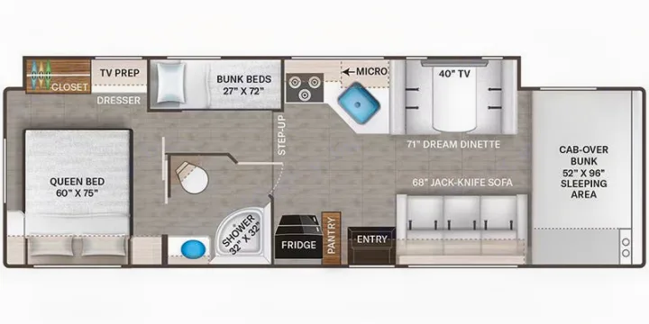 This RV rental floor plan details the interior layout with a queen bed, bunk beds, kitchen, bathroom, and living areas.. Thor Motor Coach Four Winds 2026