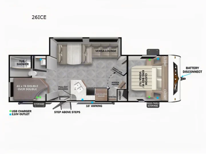 Detailed RV floor plan for rent, showcasing amenities like a king bed, bunk beds, lounge, kitchen, and bath.. Forest River 26Ice 2025