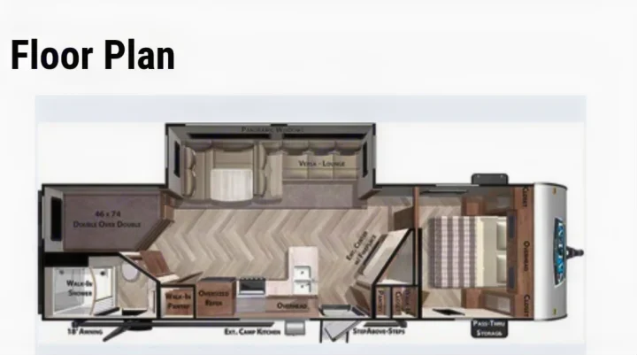 RV rental floor plan: Detailed interior layout of an RV, highlighting sleeping, kitchen, and lounge areas.. Forest River Salem 2021