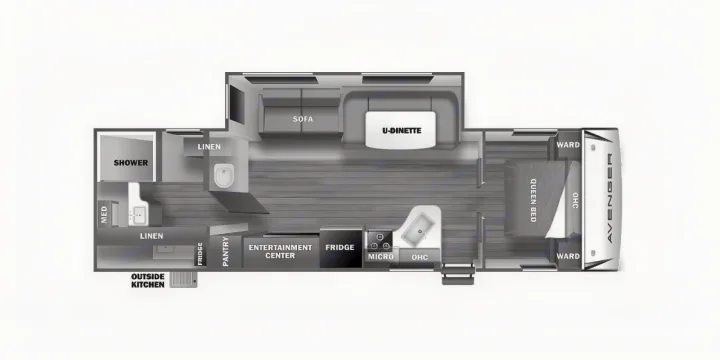 Detailed RV rental floor plan: Avenger travel trailer with queen bed, dinette, kitchen, and bath layout.. Fmc Primetime 2022