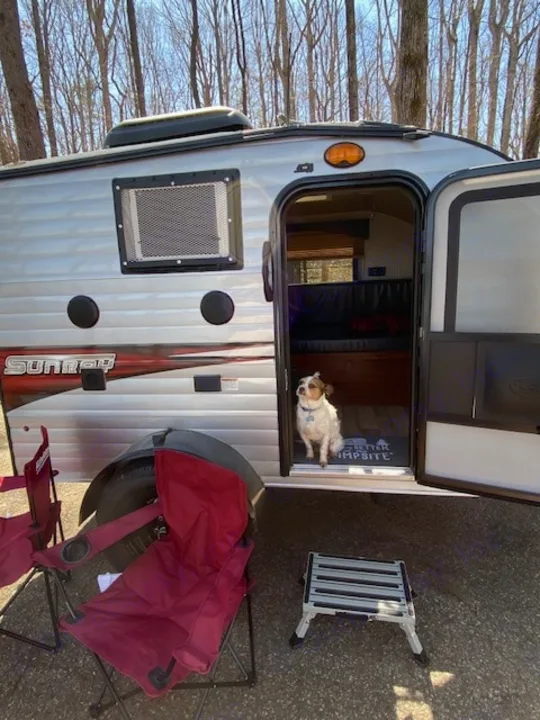 Exploring nature with our RV rental. A small dog sits in the doorway of a silver Sunray camper at a campsite.. Sunset Park RV SunRay 2019