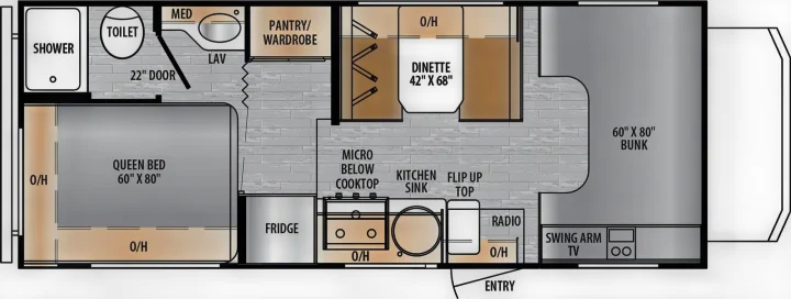This RV rental floor plan features a queen bed, bunk, dinette, kitchen with fridge & cooktop, and a full bathroom.. East to West Entrada 2026