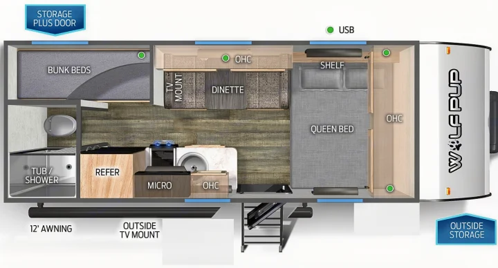 RV rental floor plan: Inside a Wolf Pup showing bunk beds, queen bed, kitchen, bath, dinette, and storage areas.. Forest River 17' Bunkhouse 2025