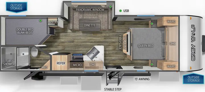 RV rental interior layout: Queen bed, bunk beds, full kitchen, bath, dinette, fireplace, and ample storage.. Forest River 26' Bunkhouse with Slide 2025