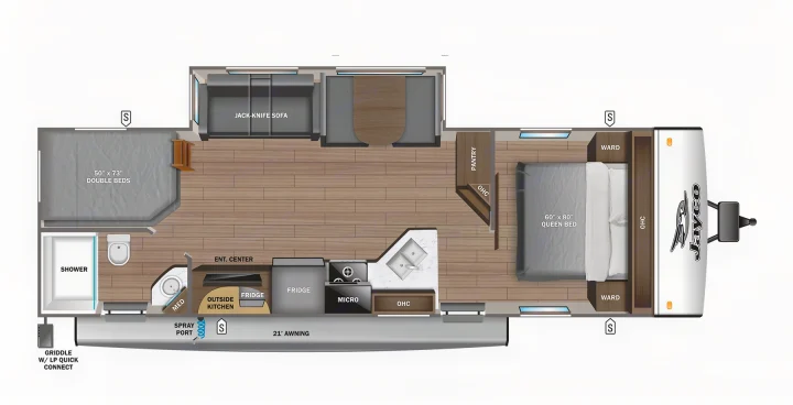 RV rental floor plan: 60"x80" queen bed, 50"x73" double beds, jack-knife sofa, kitchen, and bath layout.. Jayco Jay Feather 2021