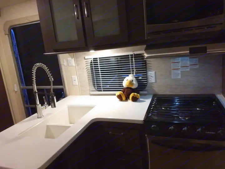 Modern RV rental galley with a dual-basin sink, pull-down faucet, stove, and an eagle plushie on the white countertop.. Forest River Salem 2018
