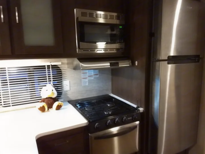 RV rental kitchen: a view of stainless steel microwave, stove, and fridge, with a stuffed eagle on the counter.. Forest River Salem 2018