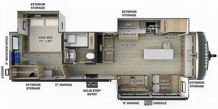 Detailed RV rental floor plan highlighting a king bed, full kitchen, bath, and living space with seating. Includes ample storage.. Forest River Rockwood 2025