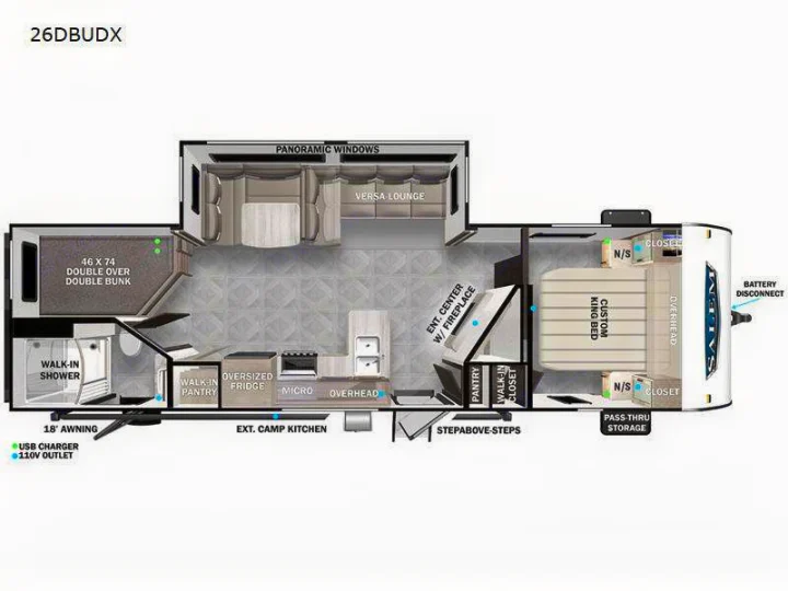 Detailed RV rental floor plan (26DBUDX model) showing bunks, king bed, Versa Lounge, kitchen, and walk-in shower layout.. Forest River Salem 2024