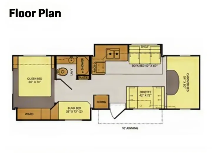 Detailed RV rental floor plan illustrating queen, bunk, sofa, and cabover beds, kitchen, and bath areas.. Tioga Ranger 2014