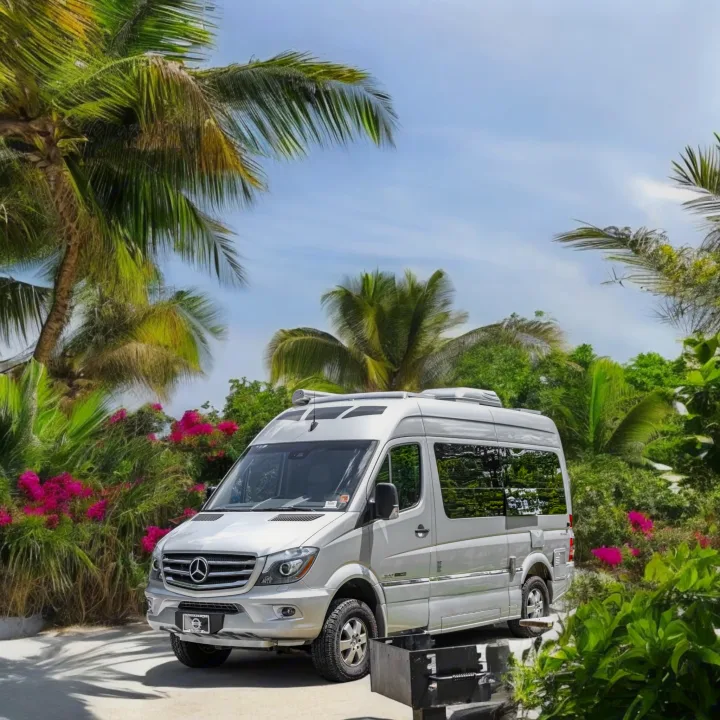 A sleek silver Mercedes-Benz Sprinter RV rental is parked amidst vibrant tropical foliage, including palm trees and pink flowers.. Roadtrek Roadtrek Class B 2017