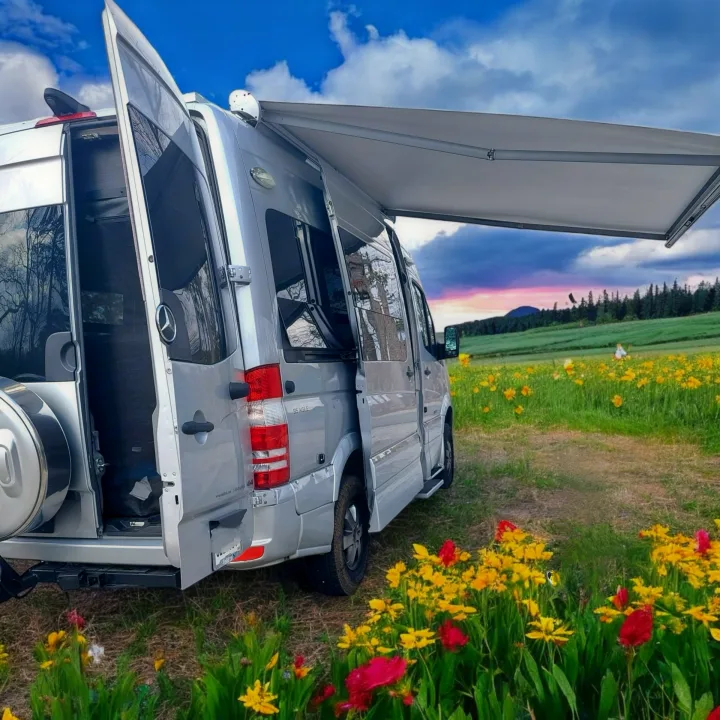 Mercedes Sprinter rv rental parked in a blooming field of colorful flowers, doors open with awning extended.. Roadtrek Roadtrek Class B 2017