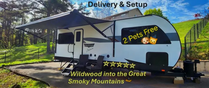 This Wildwood travel trailer RV rental, complete with an awning, offers delivery & setup, 2 pets free, and 5-star trips into the Smoky Mountains.. Forest River Wildwood Platinum 2024