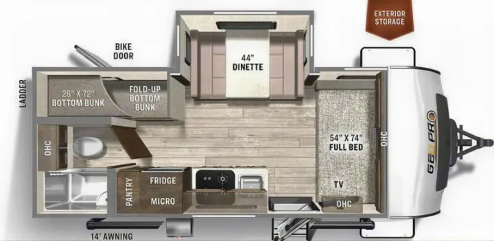 This RV rental floor plan details an interior layout with a dinette, full bed, bunks, kitchen, and bath.. Rockwood GeoPro 2022