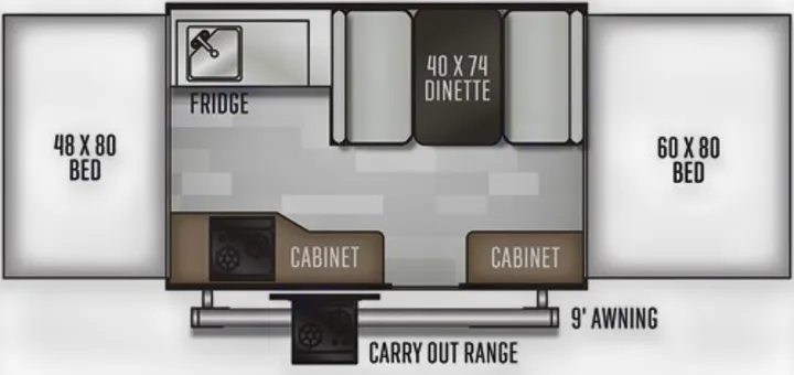 RV rental floor plan: 2 beds, 40x74 dinette, fridge, and cabinets. Includes external carry-out range & 9' awning.. Rockwood Freedom Series 2022