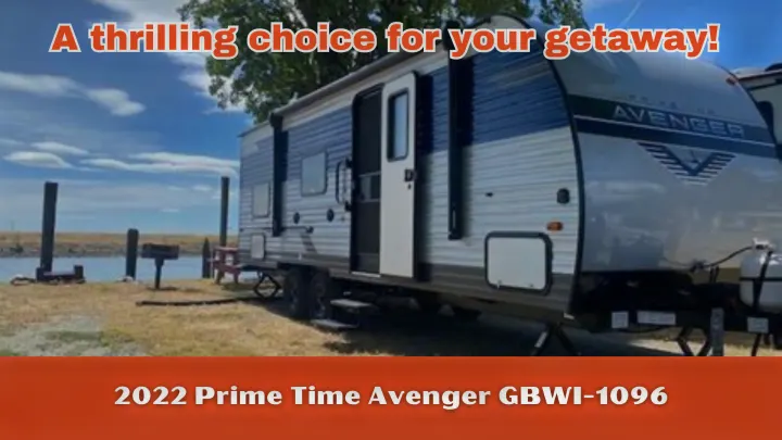 This 2022 Prime Time Avenger travel trailer rv rental, parked by calm water, is a thrilling choice for your getaway.. Prime Time Avenger 2022
