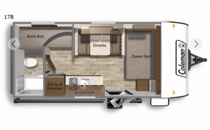 Overhead view of an RV rental's 17B floor plan, showing queen bed, bunk bed, dinette, kitchen, and bathroom facilities.. Keystone Coleman 17B 2025