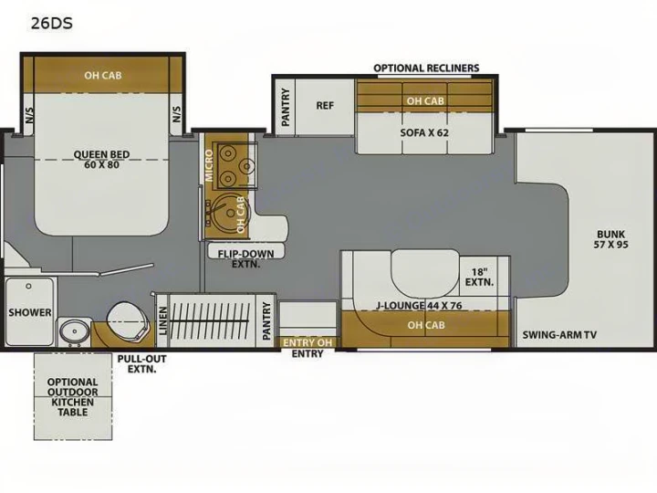 26DS RV rental floor plan: detailed interior layout with queen bed, bunk, kitchen, and lounge areas for comfortable travel.. Coachmen RV Freelander 26DS 2023