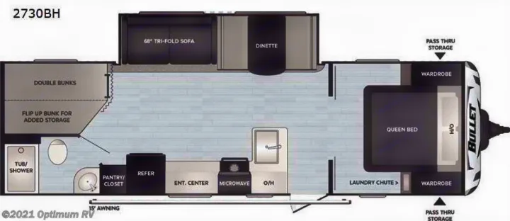 2730BH Bullet RV rental floor plan. Features queen bed, double bunks, sofa, dinette, kitchen, and full bath layout.. Keystone Bullet 2024