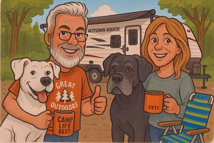 A happy couple and their two dogs enjoy a sunny day in front of their RV rental, ready for outdoor adventures.. Starcraft Autumn Ridge 2014