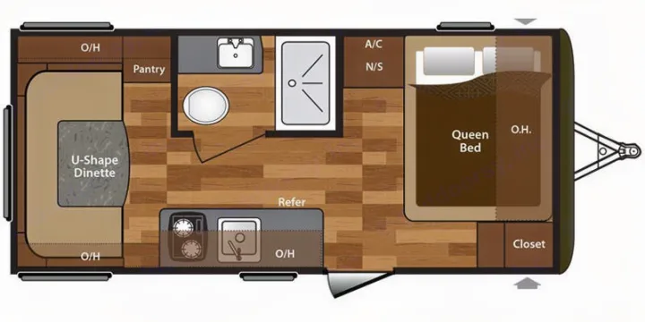 Detailed RV rental floor plan of a travel trailer, featuring a U-shape dinette, queen bed, kitchen, and bath layout.. Keystone RV Hideout LHS Mini 2017