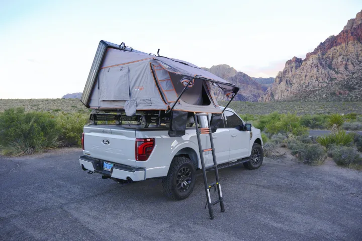 Desert overlanding with a Ford F-150 and Roofnest rooftop tent, a unique RV rental experience for mountain escapes.. Ford Roofnest 2024