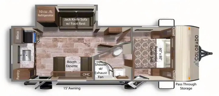 Detailed top-down RV floor plan of a Colorado model, perfect for an rv rental. Shows kitchen, living, bath, bedroom, and storage areas.. Dutchmen 23RKCWE 2024
